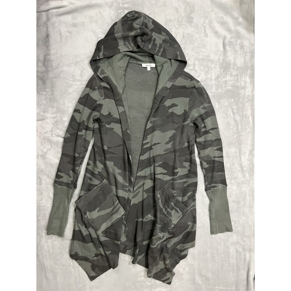 Splendid Green Camo Long Cardigan Duster Hooded Open Waterfall Lightweight Cozy